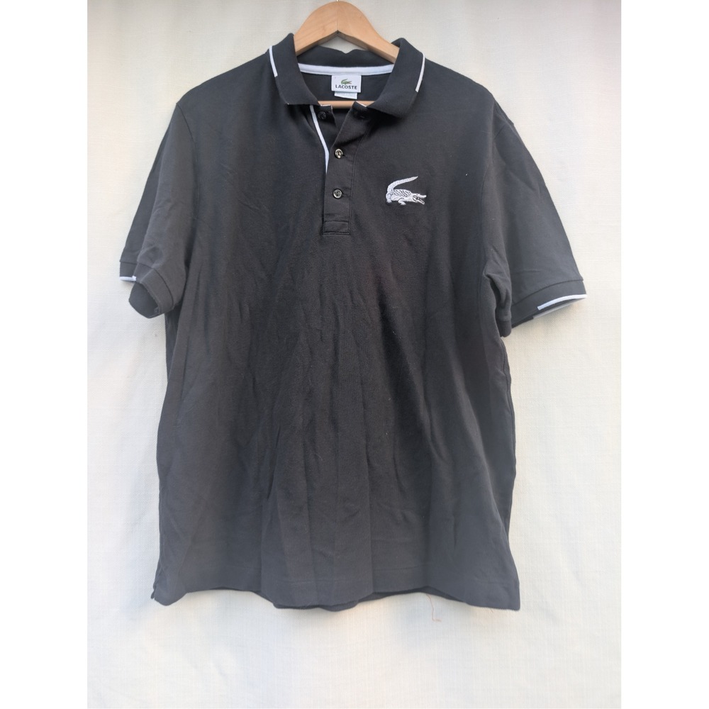 Lacoste Polo Shirt Mens XL 7 Black Cotton White Tipped Classic Pique Devanlay